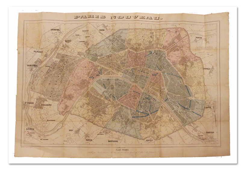 Vuillemin. Paris nouveau. Plan de Paris et des communes de la banlieue. Fiurne, Faure, imp. Viallet, 1863. Plan original en feuille et en couleurs, replié plan, paris, original, map, vuillemin, annexion, banlieue, communes, 1863, couleurs