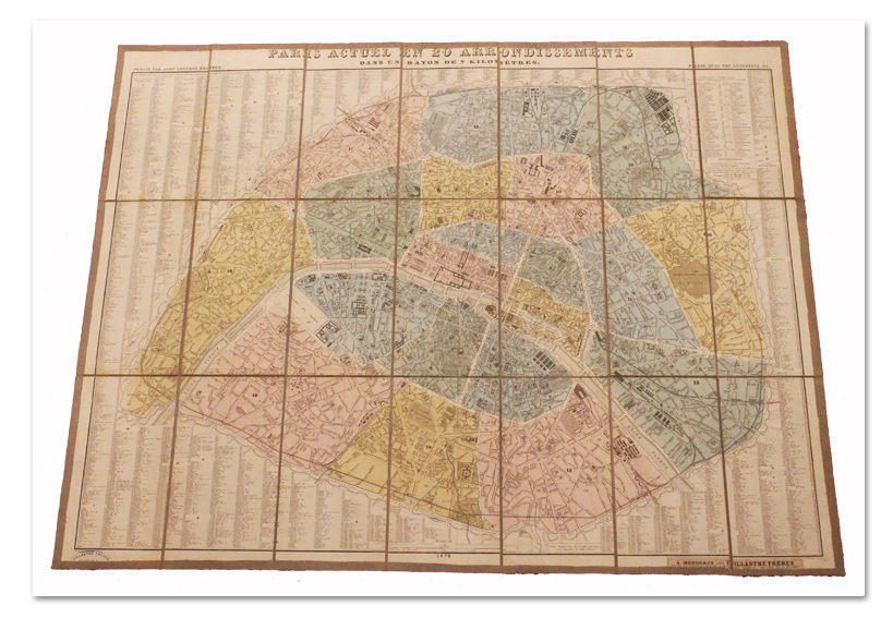 Logerot. Paris actuel en 20 arrondissements dans un rayon de 7 kilomètres. 1873. Plan original en couleurs, entoilé avec emboitage cartonné plan, paris, original, map, logerot, arrondissements, 1873, couleurs, entoilé, boite