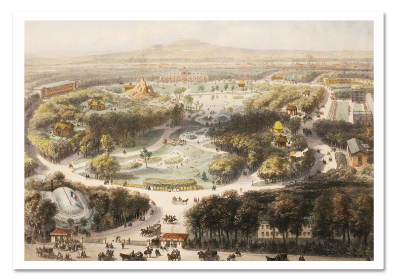 Th. Muller. Vue générale du jardin d’acclimatation (Bois de Boulogne). Imp. Lemercier, Ed. Lemière, vers 1861. Lithographie originale en couleurs paris, lithographie, mulller, jardin d'acclimatation, bois de boulogne, lemercier, couleurs, davioud, 1861, alphand