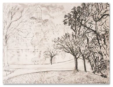 Lithographie originale de Marcel Mouloudji : Les Buttes Chaumont à Paris, vers 1980. Epreuve numérotée et signée au crayon mouloudji, lithographie, buttes-chaumont, paris, xixe, signee, numerotee, originale, dessin, parc