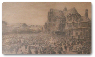 Lucien GAUTIER. Les Halles et l’église Saint-Eustache à Paris. 1904. Eau-forte originale signée, grand format, encadrement de bois brun lucien gautier, les halles, pavillons, foule, eglise saint-eustache, paris, 1904, eau-forte, gravure, signee