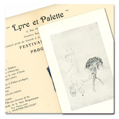Lyre et Palette. Programme du « Festival Debussy », 8 avril 1916. Illustration de couverture de Picasso. Premier concert de la rue Huyghens à Montparnasse lyre et palette, programme, debussy, picasso, huyghens, paris, montparnasse, 1916, ricardo vines, saltimbanques