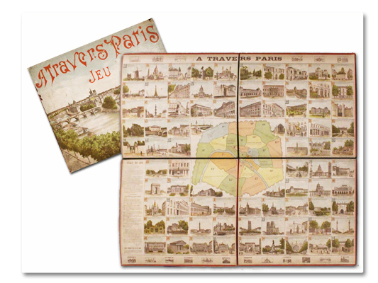 a travers paris, jeu ancien, 1900, g.m., lithographie, exposition universelle, paris, couleurs