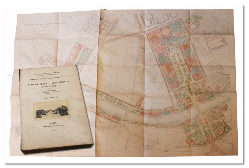 Alfred PICARD. Rapport général administratif et technique. Plans généraux. Paris, Imprimerie Nationale, 1903. Complet des quatre plans dépliants en couleurs paris, exposition universelle, 1900, alfred picard, rapport, plans generaux, imprimerie nationale, 1903, boite, livre ancien