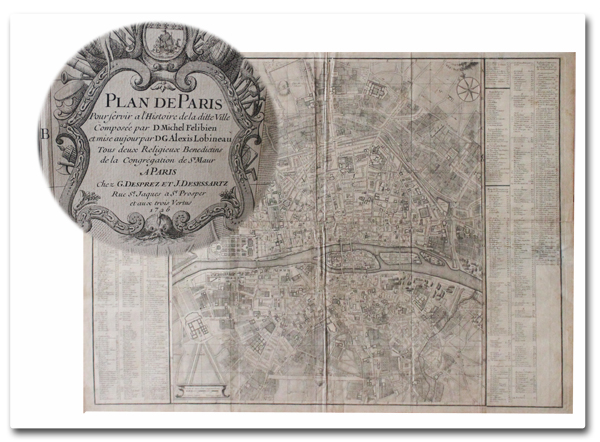 paris, plan, felibien, lobineau, 1726, histoire de paris, desprez, desessartz, plan original, original map