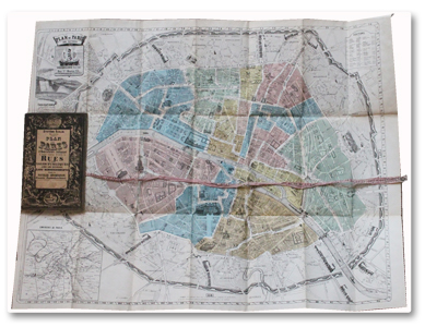 paris, plan, 1854, systeme acklin, bouquillard, couleurs, ruban, fortifications, thiers, haussmann