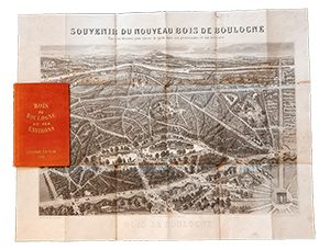 Souvenir du nouveau Bois de Boulogne. Plan à vol d’oiseau pour servir de guide dans ses promenades et aux environs. Paris, A. Logerot, [c. 1860]. 