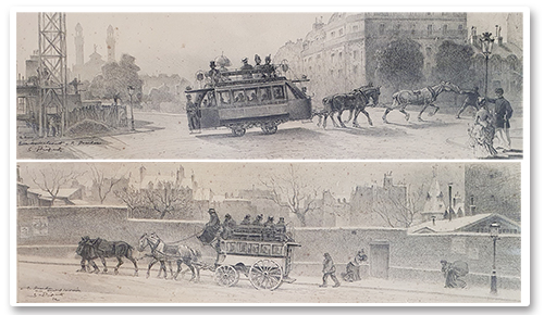 Georges Ripart. Deux lithographies signées, 1932 : tramways hippomobiles à Paris, vers 1880