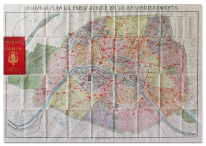 Théodore Lefevre : Nouveau plan de paris divisé en 20 arrondissements. Emile Guerin, c. 1911. Dépliant avec lignes de métro lefevre, plan de paris, 20 arrondissements, emile guerin, lignes metro, depliant, couleurs, original