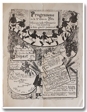 Programme de la 2e Grande Fête offerte par la Grrde Brasserie des Gobelins à son gentil personnel. Paris, septembre 1892. Document original paris, les gobelins, programme, brasserie des gobelins, 1892, fete, procession, bistrot, document ancien, velizy