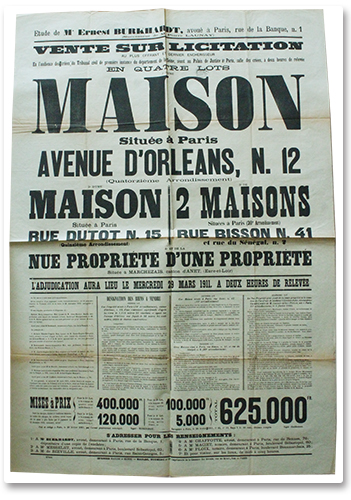 placard : vente d'une maison avenue d'Orléans (Général-Leclerc) à Paris, imp. Maulde et Renou, 1911