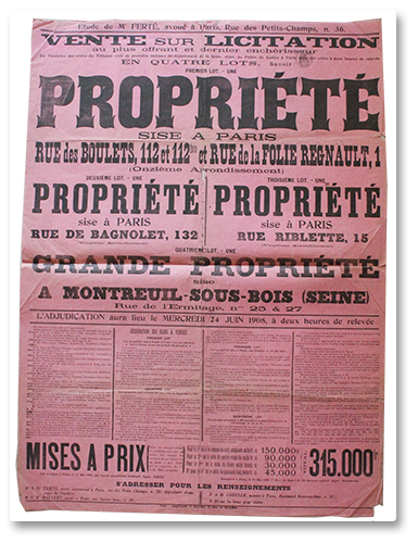 Placard de vente de maisons, Paris XI, XX et Montreuil, 1908