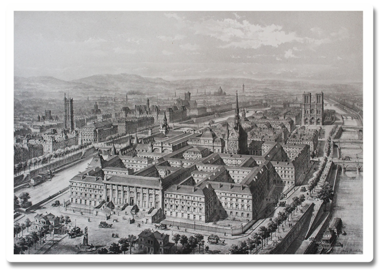 palais de justice, paris, 1858, mourgues freres, travaux publics, ile de la cité, architecture, haussmann, prefecture de police, perspective