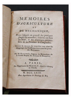 barthes de marmorieres, memoire d'agriculture et de méchanique, languedoc, de prault, 1763, livre ancien, rare book, édition originale